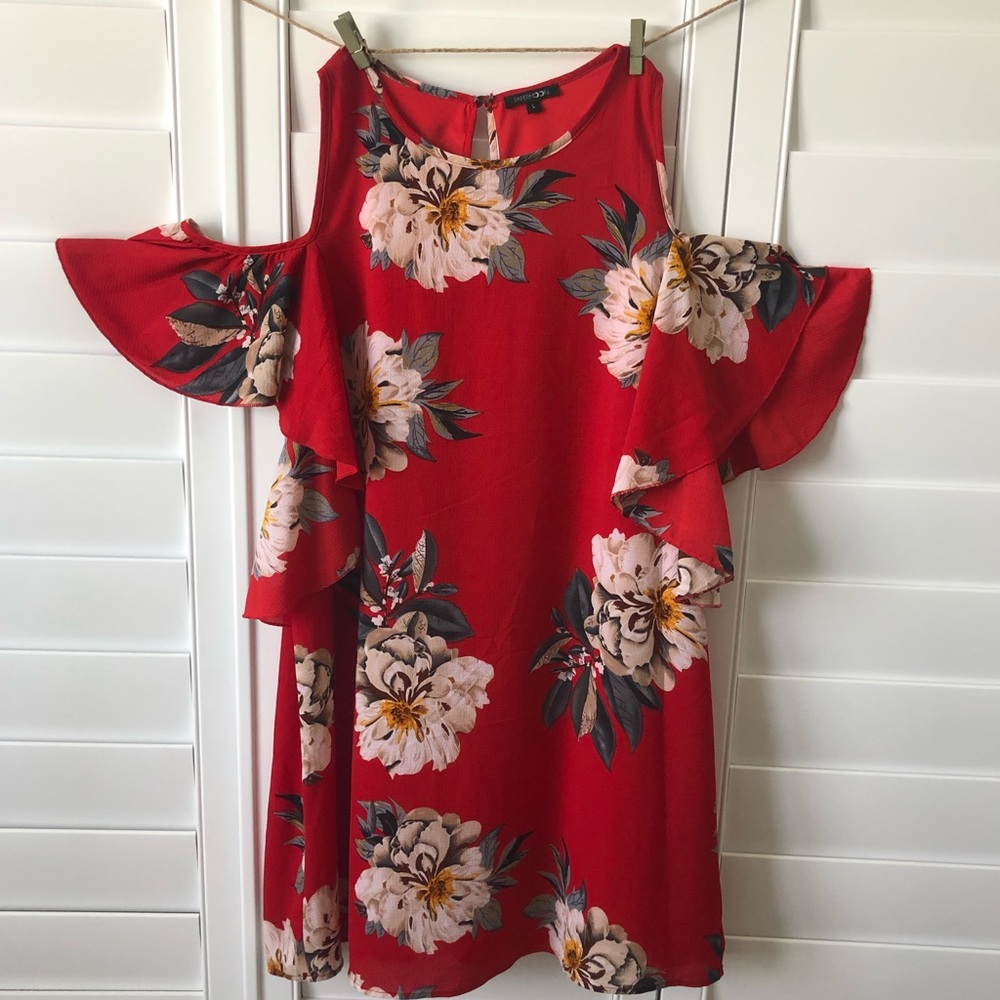 Red floral open / cold shoulder dress